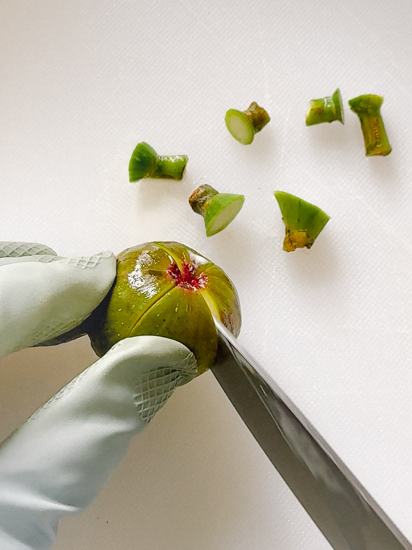 Unreife grüne Feigen werden eingeschnitten, um sie herzhaft einzulegen